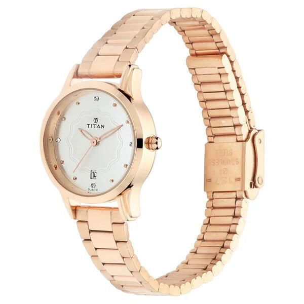 Titan Quartz Analog with Date Silver Dial Metal Strap Watch for Women | NT2628WM01 | Women's Watch