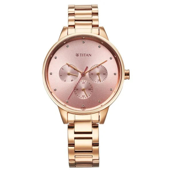 Titan Razzle Dazzle Quartz Analog with Day and Date Pink Dial Rose Gold Stainless Steel Strap Watch For Women | 2648WM08 | Women's Watch