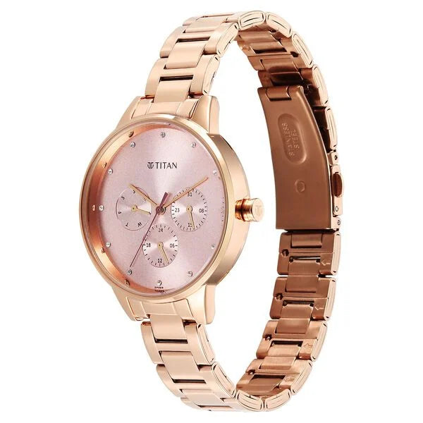 Titan Razzle Dazzle Quartz Analog with Day and Date Pink Dial Rose Gold Stainless Steel Strap Watch For Women | 2648WM08 | Women's Watch
