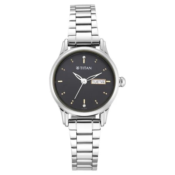 Titan Lagan Black Dial Analog with Day and Date Metal Strap Watch for Women| Women's Watch