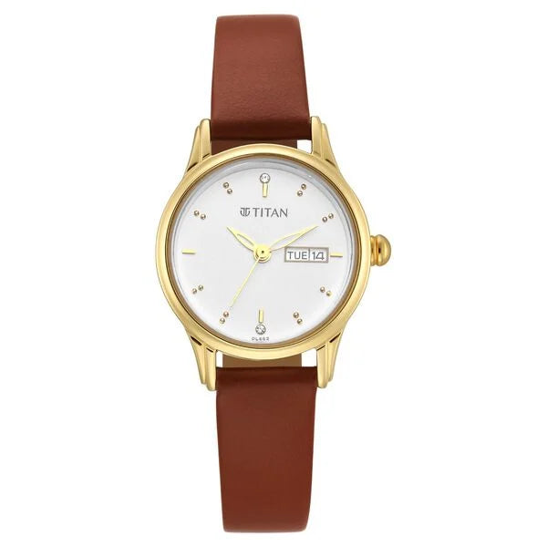 Titan Lagan White Dial Analog with Day and Date Leather Strap Watch for Women | NT2656YL01
| Women's Watch