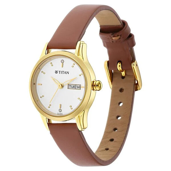 Titan Lagan White Dial Analog with Day and Date Leather Strap Watch for Women | NT2656YL01
| Women's Watch
