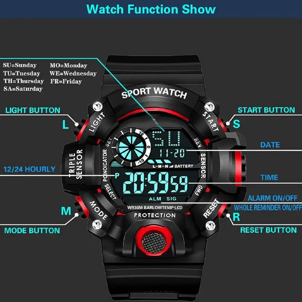 Digital Boy's Silicone Watch (Red Dial Black Colored Strap)