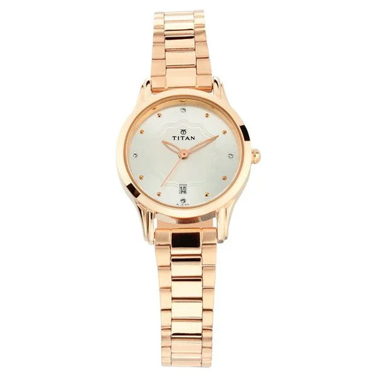 Titan Quartz Analog with Date Silver Dial Metal Strap Watch for Women | NT2628WM01 | Women's Watch