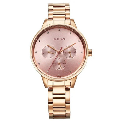 Titan Razzle Dazzle Quartz Analog with Day and Date Pink Dial Rose Gold Stainless Steel Strap Watch For Women | 2648WM08 | Women's Watch