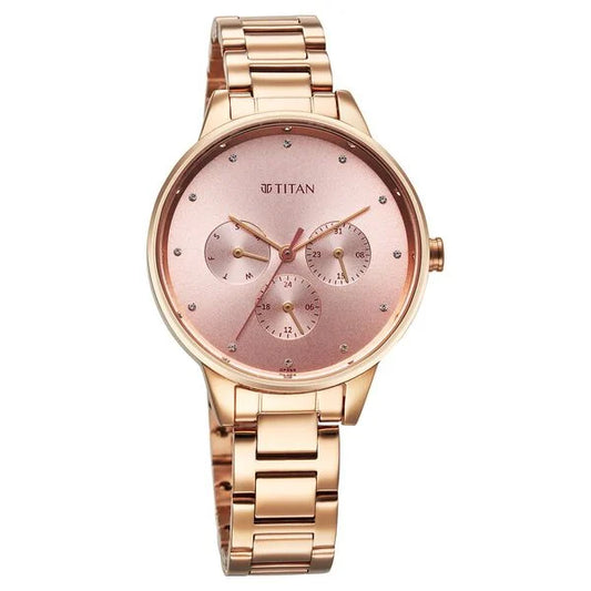 Titan Razzle Dazzle Quartz Analog with Day and Date Pink Dial Rose Gold Stainless Steel Strap Watch For Women | 2648WM08 | Women's Watch