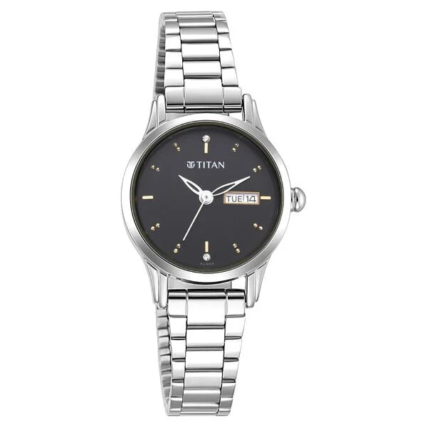 Titan Lagan Black Dial Analog with Day and Date Metal Strap Watch for Women| Women's Watch