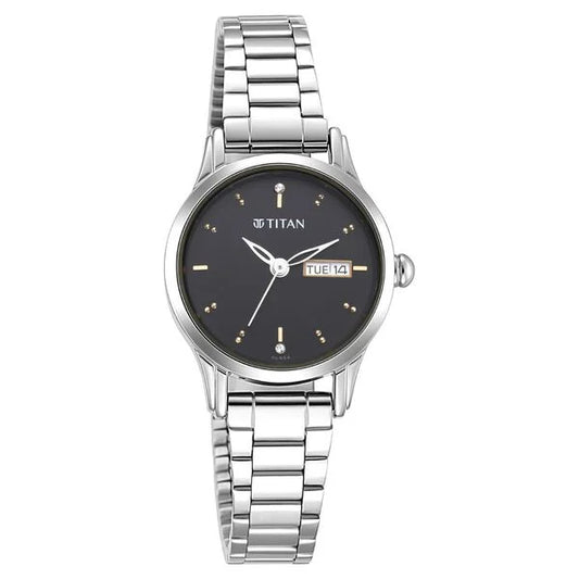 Titan Lagan Black Dial Analog with Day and Date Metal Strap Watch for Women| Women's Watch