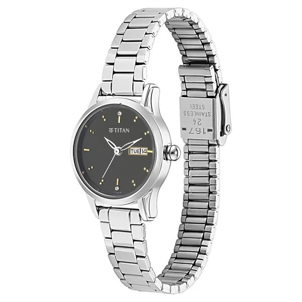 Titan Lagan Black Dial Analog with Day and Date Metal Strap Watch for Women| Women's Watch