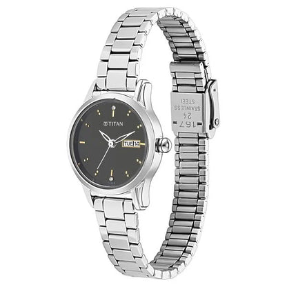 Titan Lagan Black Dial Analog with Day and Date Metal Strap Watch for Women| Women's Watch