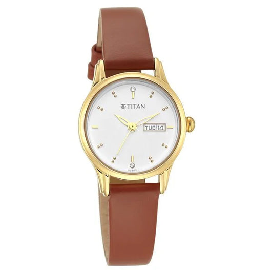 Titan Lagan White Dial Analog with Day and Date Leather Strap Watch for Women | NT2656YL01
| Women's Watch