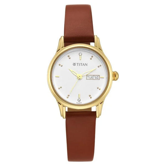 Titan Lagan White Dial Analog with Day and Date Leather Strap Watch for Women | NT2656YL01
| Women's Watch