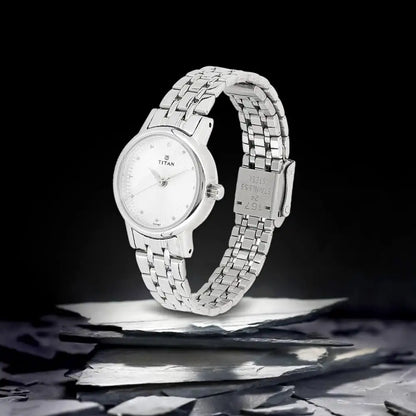 Titan Quartz Analog Silver Dial Stainless Steel Strap Watch for Women | NT2593SM01 | Women's Watch