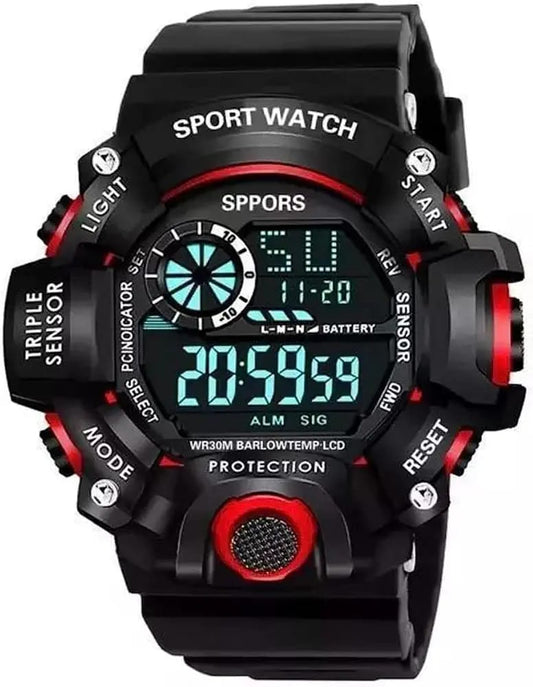 Digital Boy's Silicone Watch (Red Dial Black Colored Strap)