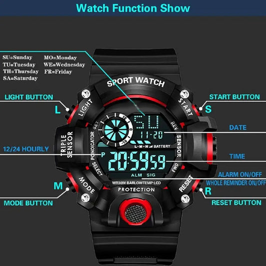 Digital Boy's Silicone Watch (Red Dial Black Colored Strap)