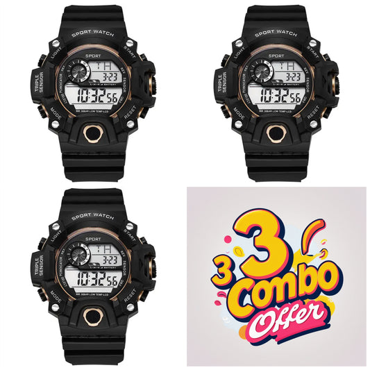myKotwal 3 Combo Digital Sport Unisex Silicone Watch (Black Colored Strap)