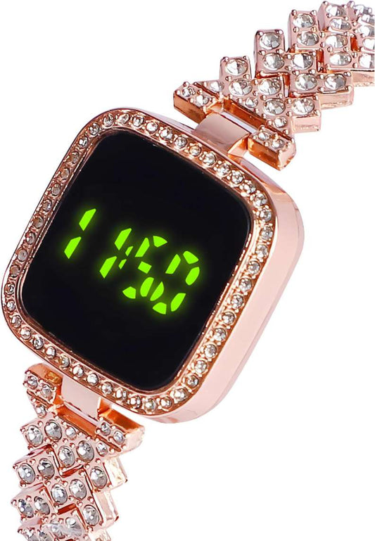 mKotwal.com Luxurious Rose Gold LED Bracelet Watch with Diamonds Digital Stylish Modern Fashionable Watch for Women & Girls Elegant Rhinestone Crystal-Studded Watches for Girls
