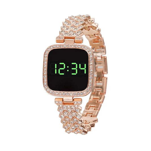 mKotwal.com Luxurious Rose Gold LED Bracelet Watch with Diamonds Digital Stylish Modern Fashionable Watch for Women & Girls Elegant Rhinestone Crystal-Studded Watches for Girls