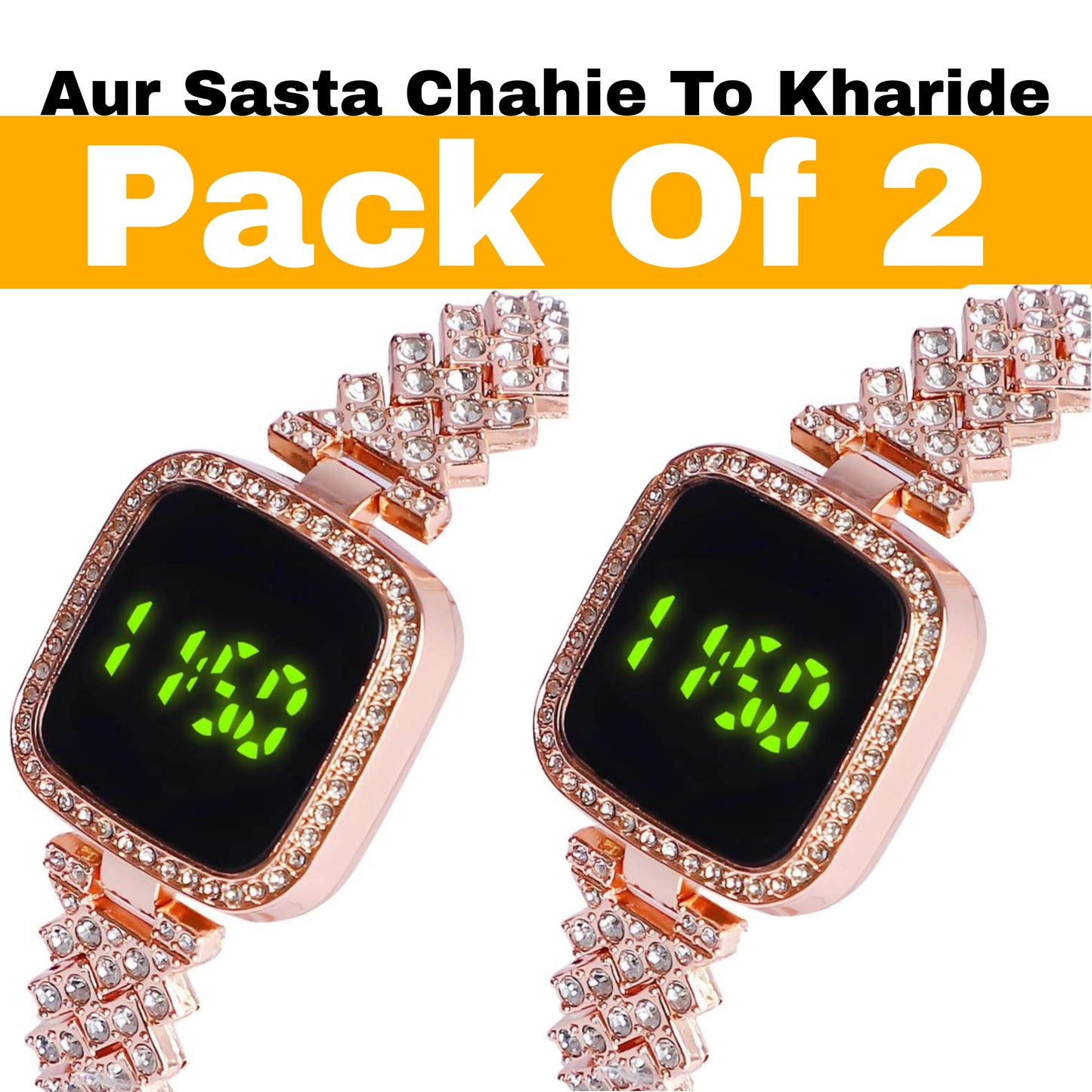 mKotwal.com Combo of 2 Luxurious Rose Gold LED Bracelet Watch with Diamonds Digital Stylish Modern Fashionable Watch for Women & Girls Elegant Rhinestone Crystal-Studded Watches for Girls
