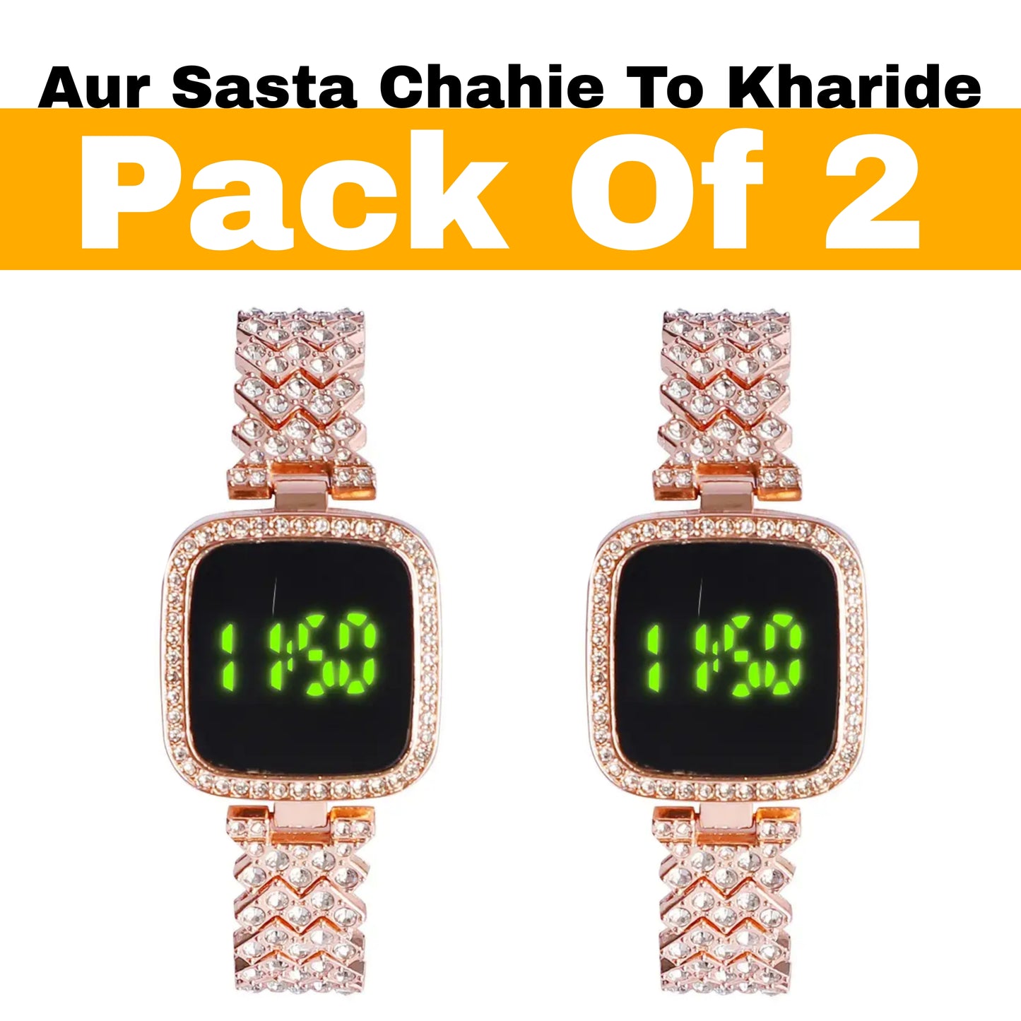 mKotwal.com Combo of 2 Luxurious Rose Gold LED Bracelet Watch with Diamonds Digital Stylish Modern Fashionable Watch for Women & Girls Elegant Rhinestone Crystal-Studded Watches for Girls
