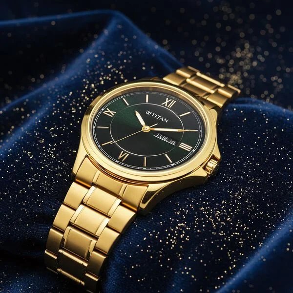 Titan Karishma Quartz Analog with Day and Date Green Dial Golden Stainless Steel Strap Watch For Men | 1870YM01