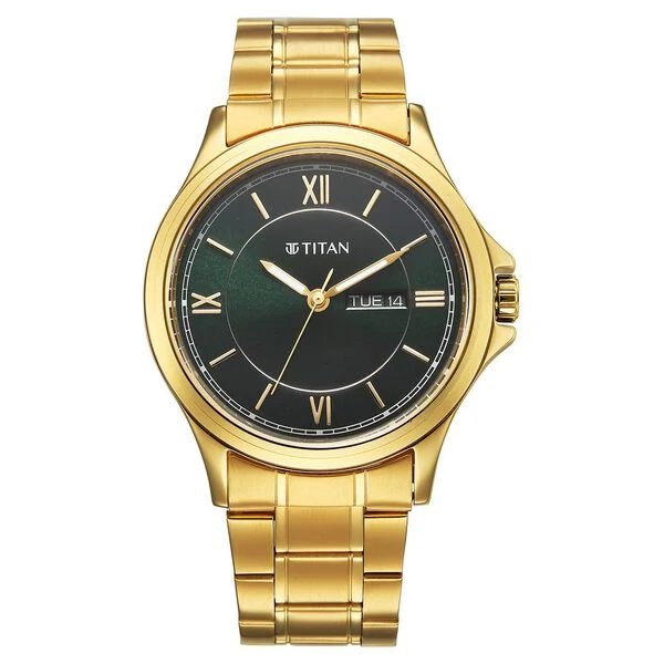 Titan Karishma Quartz Analog with Day and Date Green Dial Golden Stainless Steel Strap Watch For Men | 1870YM01 - Image 3