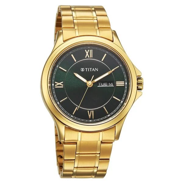 Titan Karishma Quartz Analog with Day and Date Green Dial Golden Stainless Steel Strap Watch For Men | 1870YM01 - Image 2