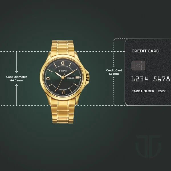 Titan Karishma Quartz Analog with Day and Date Green Dial Golden Stainless Steel Strap Watch For Men | 1870YM01 - Image 4