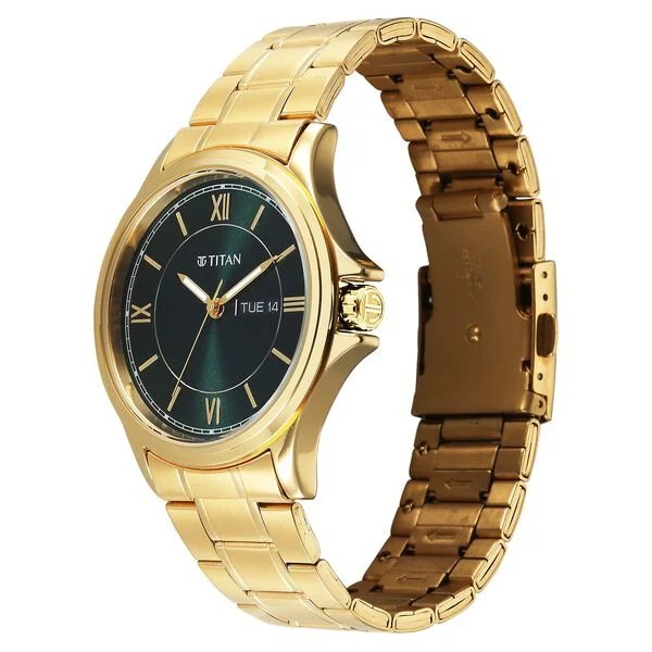 Titan Karishma Quartz Analog with Day and Date Green Dial Golden Stainless Steel Strap Watch For Men | 1870YM01 - Image 5