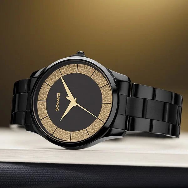 Sonata Traditional Essentials Quartz Analog Multicoloured Dial Black Metal Strap Watch For Men | NU77163NM01W
