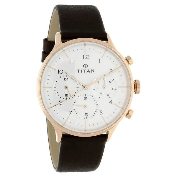 Titan Quartz Multifunction White Dial Leather Strap Watch for Men | - Image 2
