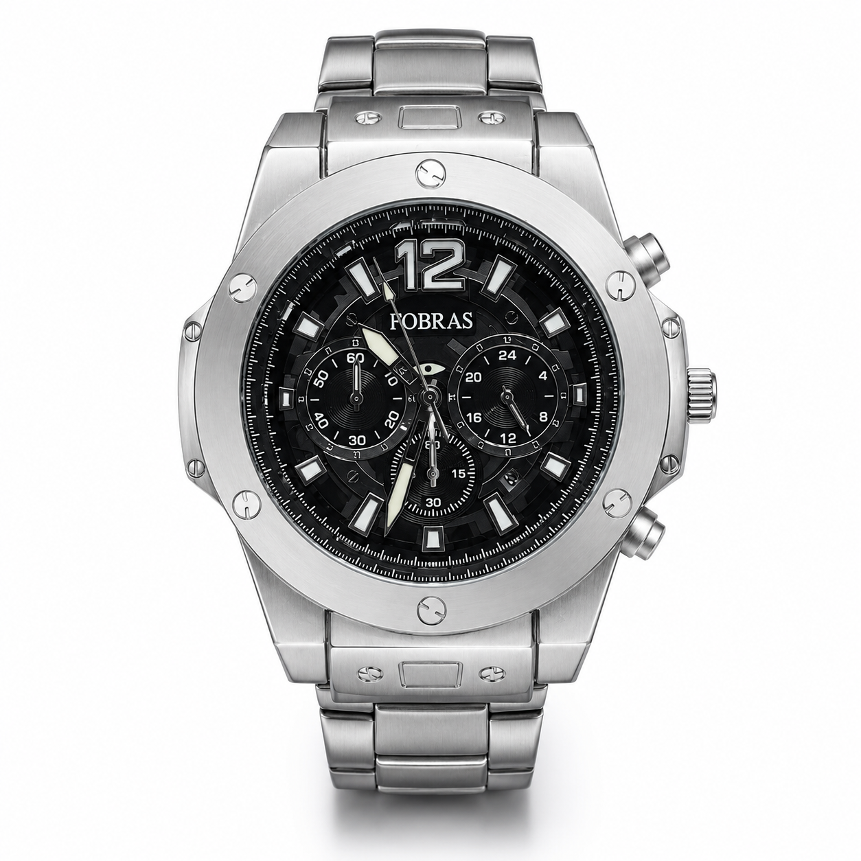 FOBRAS Men's Analog Watch | 46mm Black Dial | Alloy Metal Case | Stainless Steel Strap
