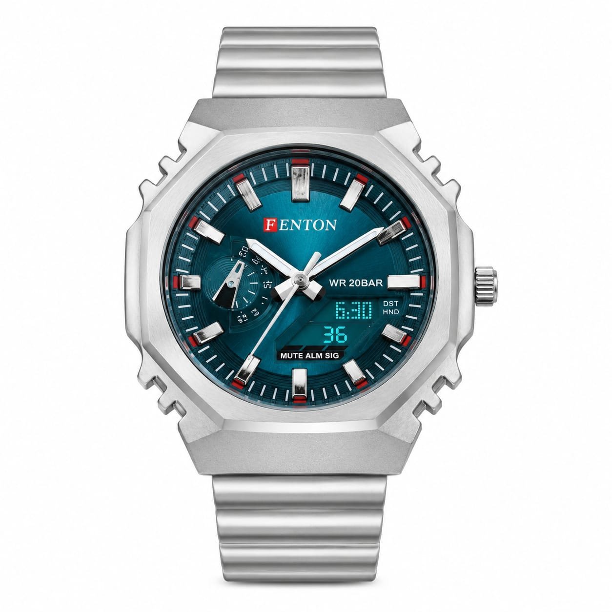 FENTON Men's Analog-Digital Quartz Watch with Green Dial & Stainless Steel Strap |