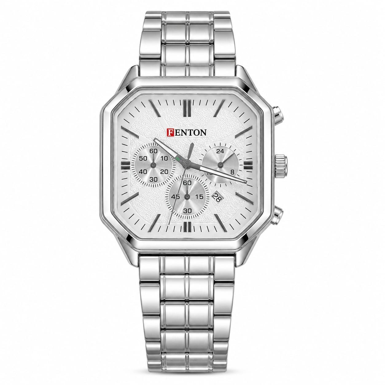FENTON Premium Men's Analog Multi-Function Watch with Date Display | Silver Stainless Steel Strap | White Textured Dial