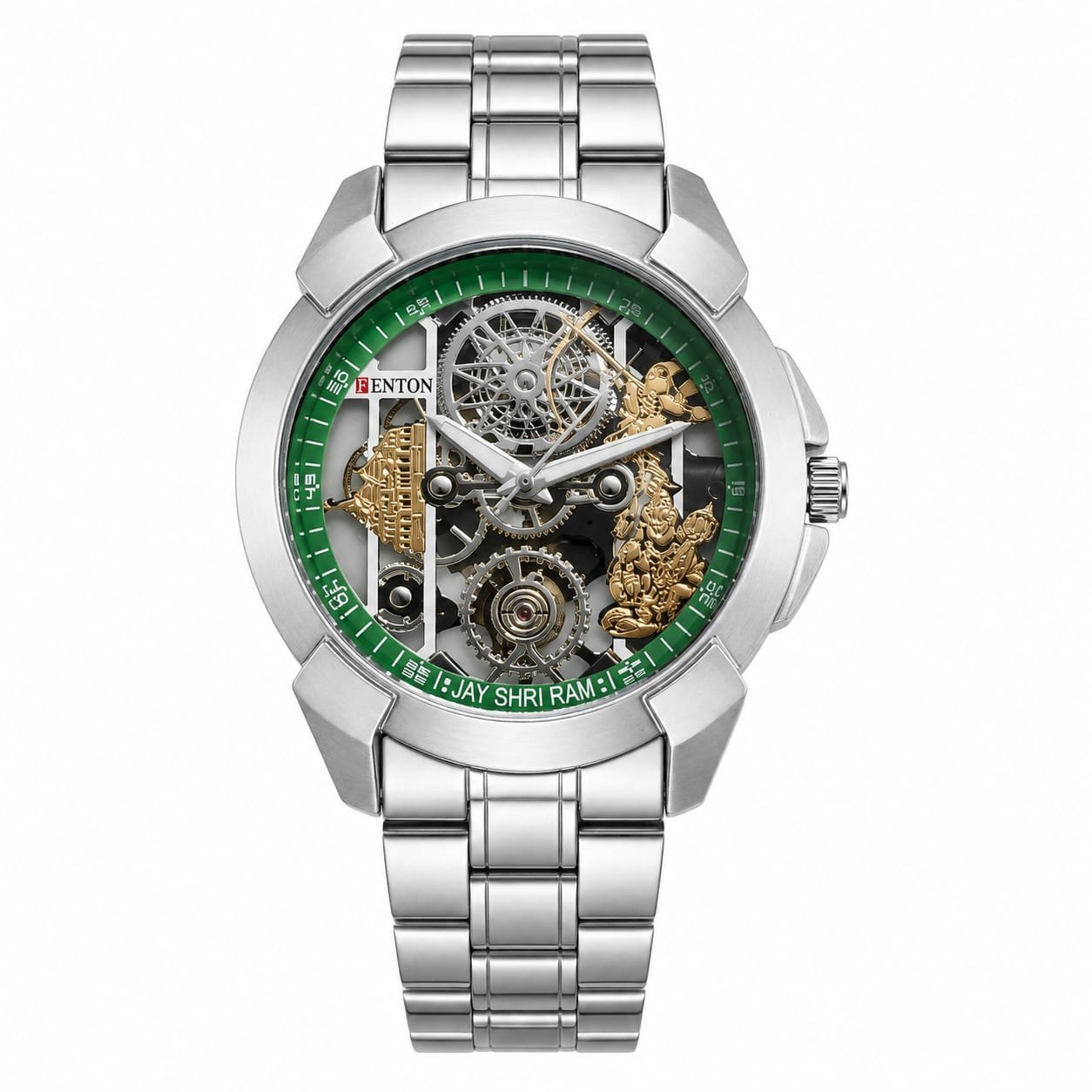FENTON Men's Premium Jai Shri Ram Skeleton Analog Quartz Watch | Stainless Steel Strap | Green Dial | Lord Ram & Hanuman Design