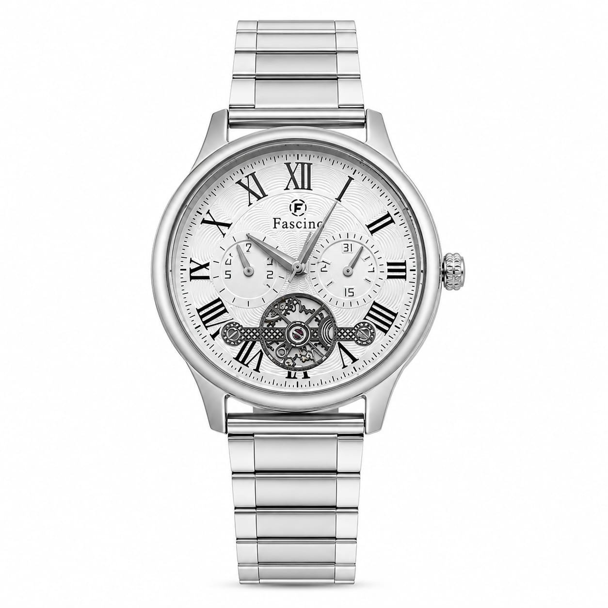 Fascino Men's Premium Analog Quartz Watch | White Roman Dial | Stainless Steel Strap | Skeleton Design