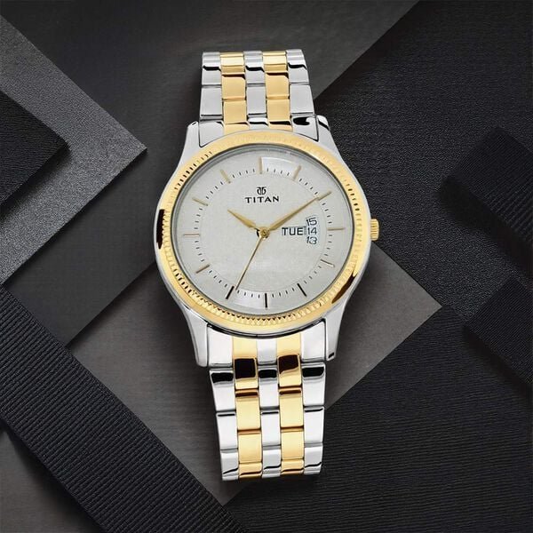 Titan Quartz Analog with Day and Date Silver Dial Stainless Steel Strap Watch for Men