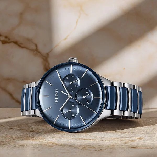 Titan Ceramic Fusion Quartz Multifunction Blue Dial Silver Dual-Toned Stainless Steel Bracelet Watch for Men | NU90148KD02 | Men's Watch
