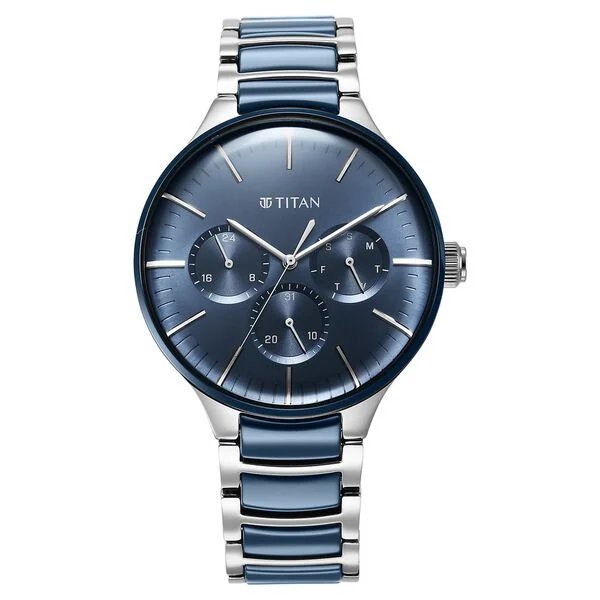 Titan Ceramic Fusion Quartz Multifunction Blue Dial Silver Dual-Toned Stainless Steel Bracelet Watch for Men | NU90148KD02 | Men's Watch - Image 2