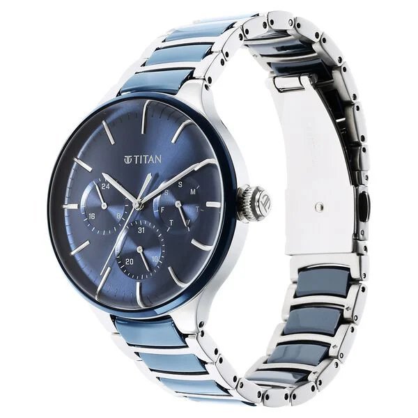 Titan Ceramic Fusion Quartz Multifunction Blue Dial Silver Dual-Toned Stainless Steel Bracelet Watch for Men | NU90148KD02 | Men's Watch - Image 3