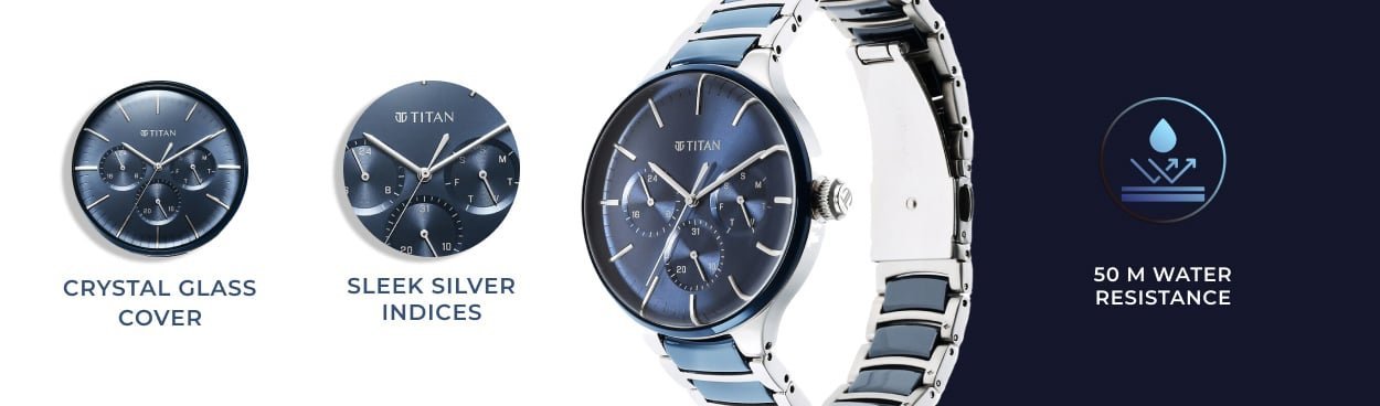 Titan Ceramic Fusion Quartz Multifunction Blue Dial Silver Dual-Toned Stainless Steel Bracelet Watch for Men | NU90148KD02 | Men's Watch - Image 9