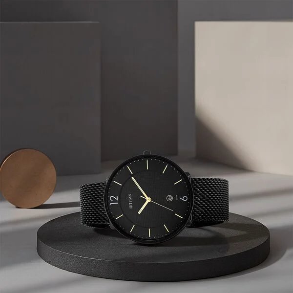 Titan - Black and Gold Collection - Quartz Analog Black Dial Black Stainless Steel Strap watch for Men | NU1849NM02 | Men's Watch