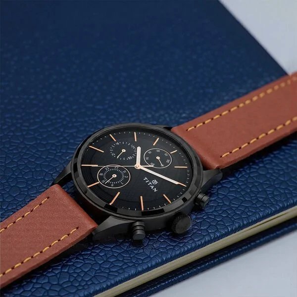 Titan Workwear Multifunction Black Dial Brown Leather Strap Watch For Men | NU1805NL01 | Men's Watch