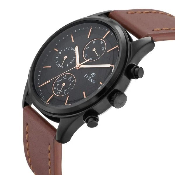 Titan Workwear Multifunction Black Dial Brown Leather Strap Watch For Men | NU1805NL01 | Men's Watch - Image 2