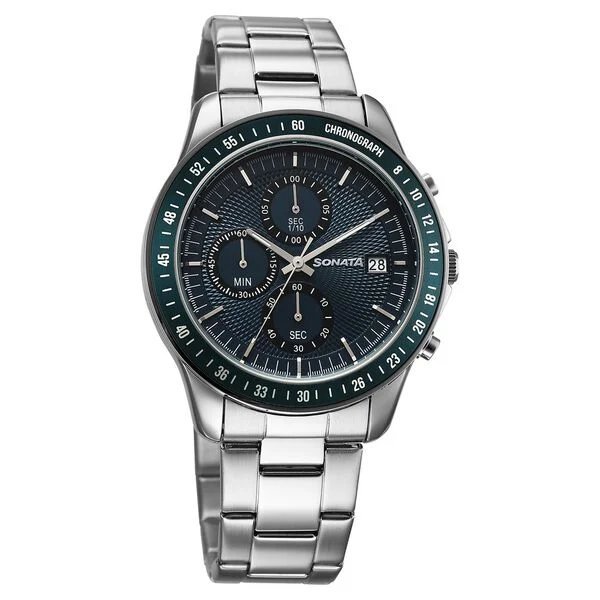 Sonata Chronos Quartz Analog with Date Blue Dial Silver Colour Stainless Steel Strap Watch For Men | 77187KM02