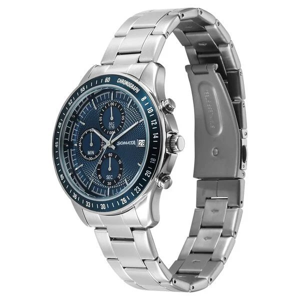 Sonata Chronos Quartz Analog with Date Blue Dial Silver Colour Stainless Steel Strap Watch For Men | 77187KM02 - Image 4