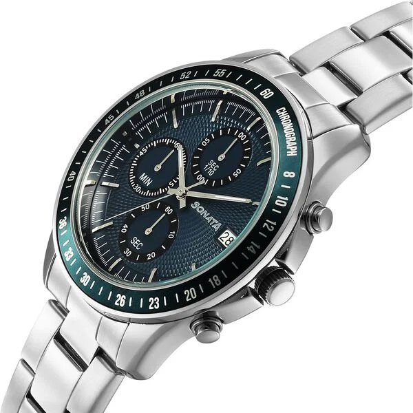 Sonata Chronos Quartz Analog with Date Blue Dial Silver Colour Stainless Steel Strap Watch For Men | 77187KM02 - Image 2