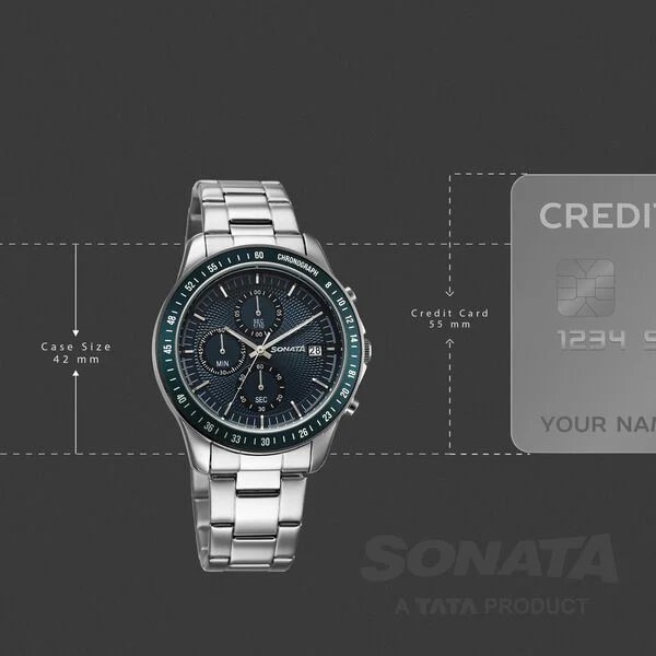Sonata Chronos Quartz Analog with Date Blue Dial Silver Colour Stainless Steel Strap Watch For Men | 77187KM02 - Image 3
