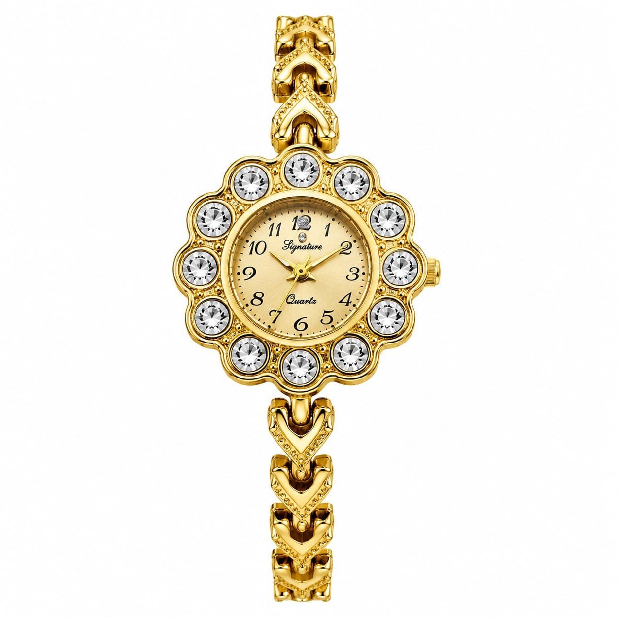 Signature Women's Gold Plated Crystal Studded Analog Bracelet Watch with Quartz Movement | Gold Dial | Metal Strap