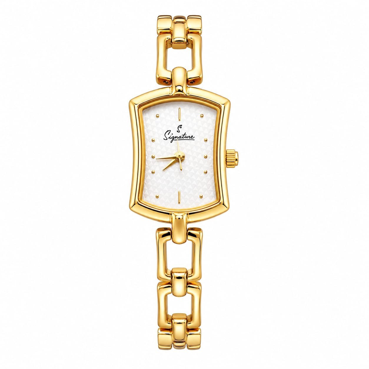 Signature Women's Gold Rectangular Analog Bracelet Watch | White Dial | Elegant Metal Quartz Watch